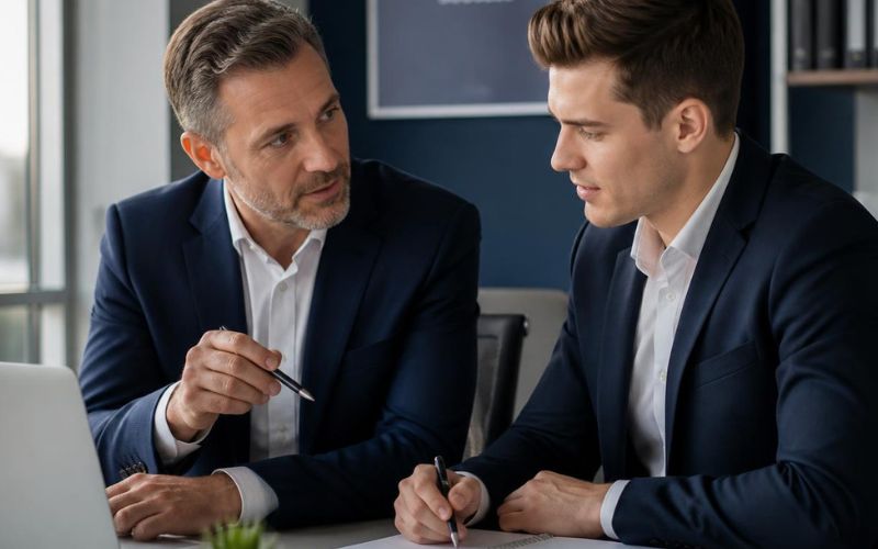 A manager is providing training to an entry-level IT sales rep in an office setting.