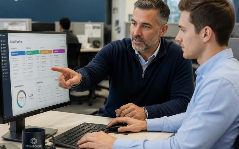 A sales manager coaching and training an entry-level sales rep in an office setting